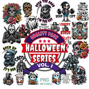 Puede incluir: Una colección de gráficos digitales con temática de Halloween. Las imágenes incluyen calaveras, fantasmas y otros personajes espeluznantes. El texto incluye "Halloween Series Vol. I", "Creepy Biker" y "Trick or Treat".