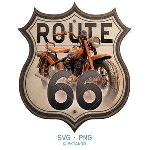 Puede incluir: Un cartel de estilo vintage de la Ruta 66 con una motocicleta oxidada en primer plano. El cartel es marrón con fondo blanco y texto negro. La motocicleta es marrón y tiene un asiento negro.