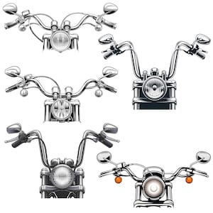 以下が含まれることがあります： オートバイのハンドルとヘッドライトの異なる白黒のイラストが5つあります。ハンドルはさまざまな位置にあり、ヘッドライトはすべて丸いです。