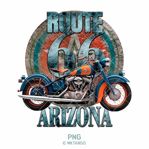 Puede incluir: Una motocicleta azul y naranja con un cartel de la Ruta 66 en el fondo. El cartel es rojo, blanco y azul con una estrella en el centro. El texto en el cartel dice "Ruta 66 Arizona".