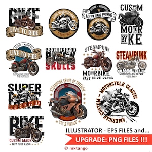 Puede incluir: Una colección de 10 diseños gráficos de temática de motocicletas vintage. Los diseños presentan motocicletas, calaveras y texto como "Steampunk", "Live to Ride", "Super Ride", "Loud and Proud", "Brotherhood Skulls", "Custom Made", "Classic Vintage Motorcycles Repair", "Motorbike Fast Pure Racing", y "American Custom".