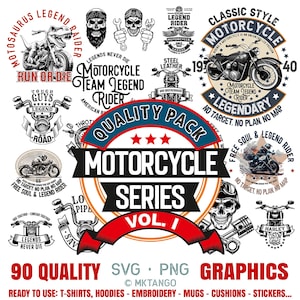 Puede incluir: Un conjunto de gráficos con temática de motocicletas en blanco y negro. Los diseños incluyen motocicletas, calaveras y texto como "Motorcycle Series Vol. I" y "Legend Rider". La imagen también indica "90 Quality SVG PNG Graphics."