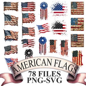 Puede incluir: Una colección de 18 banderas americanas diferentes en varios estilos. Las banderas son rojas, blancas y azules, con estrellas y rayas. La imagen también incluye el texto "AMERICAN FLAGS" y "78 FILES PNG-SVG" en una pancarta.