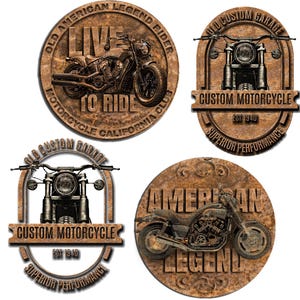 Puede incluir: Cuatro emblemas de motocicleta de estilo vintage con un aspecto bronceado desgastado. Los emblemas presentan motocicletas, texto como "Old American Legend Rider" y "Custom Motorcycle", y la frase "Live to Ride."