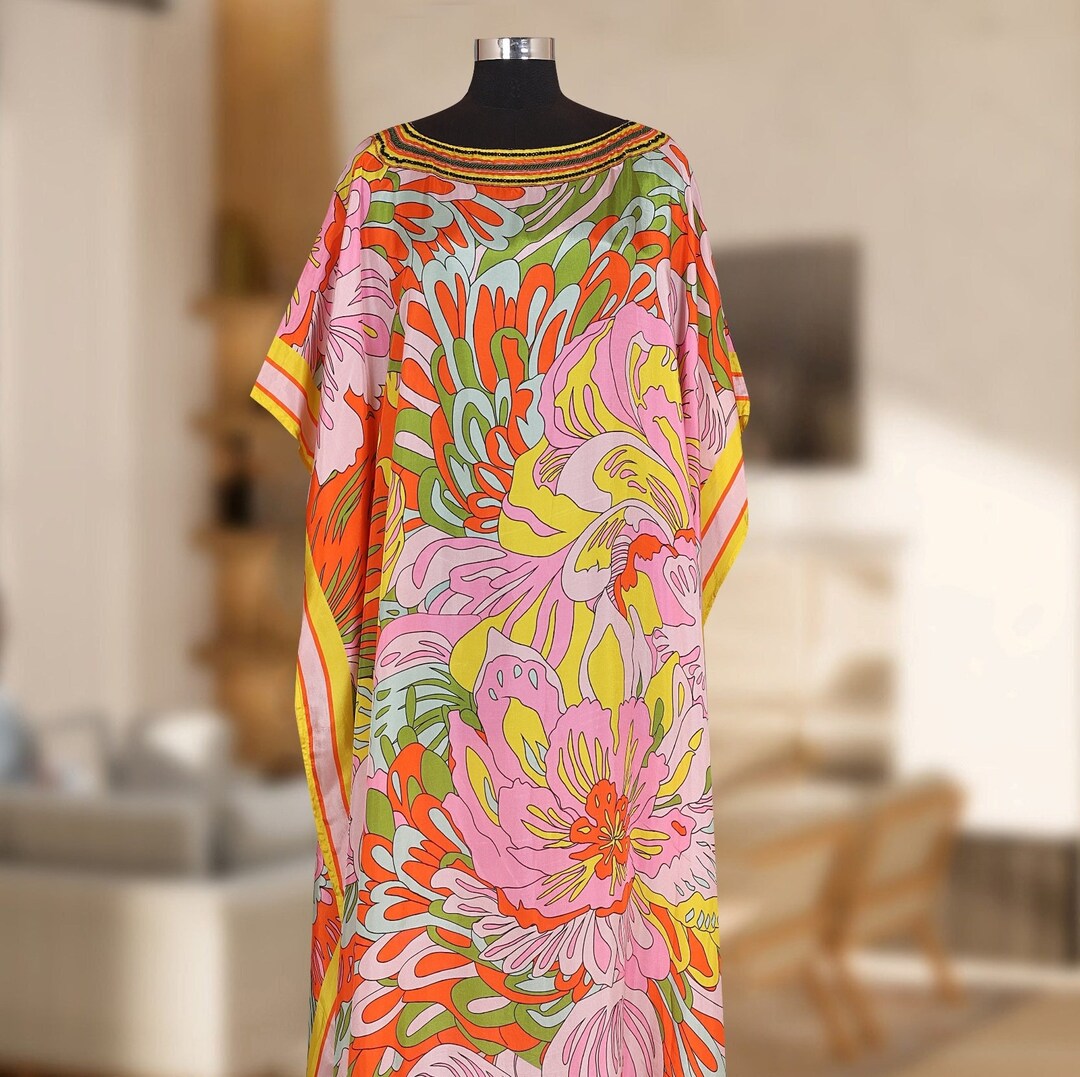 Long Silk Kaftan Silk Caftan Plus Size Abstract Floral Print Silk