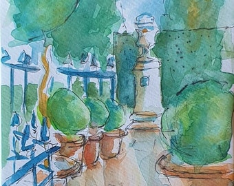 Peinture d'un jardin à Paris aquarelle papier 300g