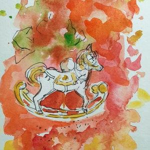 Peinture carte postale d'un petit cheval à bascule papier 250g