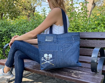 Recycled denim shoulder bag, Maxi tote bag with zipper, custom Embroidered purse, Bag with patches