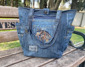 Horse Embroidered Denim Tote Bag: Recycled Jeans Shoulder Bag