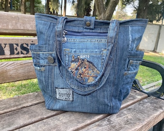 Sac fourre-tout en denim brodé de chevaux, sac à provisions en jeans recyclés, sac à bandoulière fait main