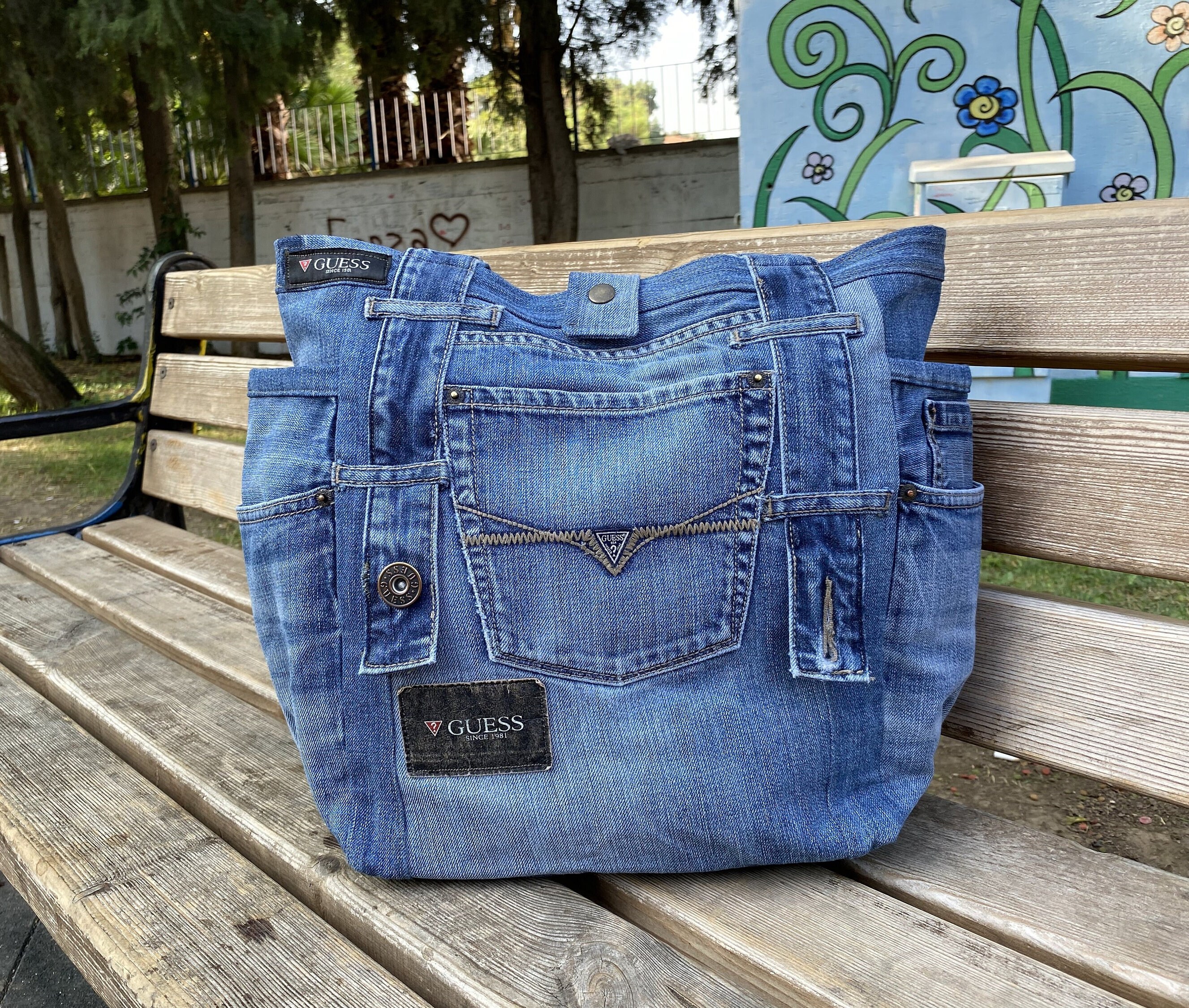 Upcycled Guess Denim Bag Recycled Jeans Tote Casual 