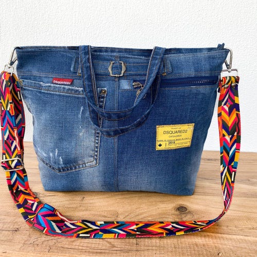 Convertible Tote Bag, Upcycled Dsquared2 Denim, Colorful Crossbody Strap