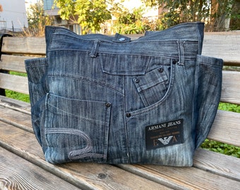 Vintage Armani Jeans Designer handgemaakte tas, upcycled denim tas, draagtas met ritssluiting