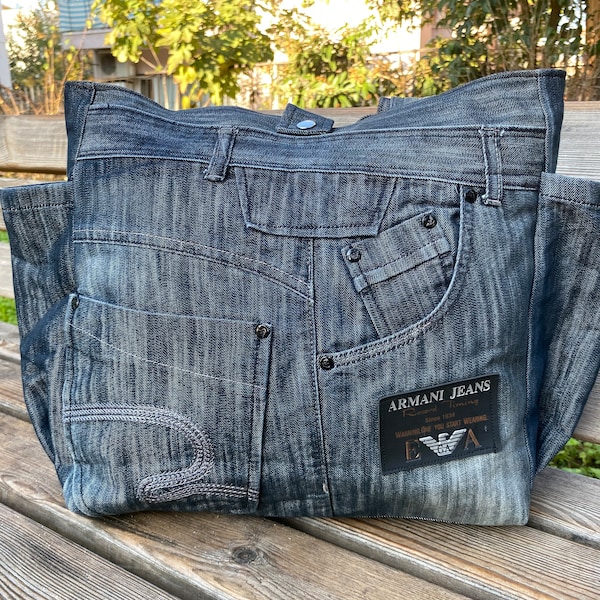 Vintage Armani Jeans Designer Handmade Bag, Upcycled Denim Bag, Tote bag With Zipper