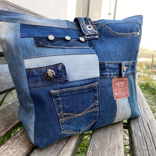 Dsquared Vintage Recycled Denim Bag, Denim Art Shoulder Bag, Sustainable Tote Bag