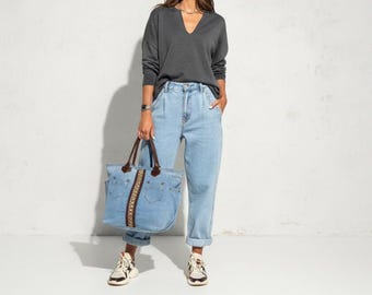 Borsa tote in denim con cinturini in pelle, shopper in jeans riciclati