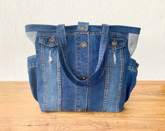 Upcycled Denim Tote Bag with Zipper: Recycled Jean Purse