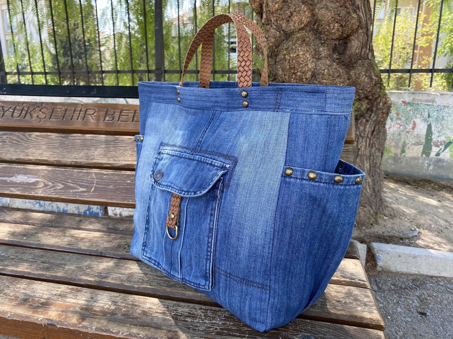 Denim Patterned Top Handle Bag in Blue