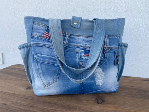 Versatile Denim Tote for Stylish Women Upcycled Multi Pocket Design