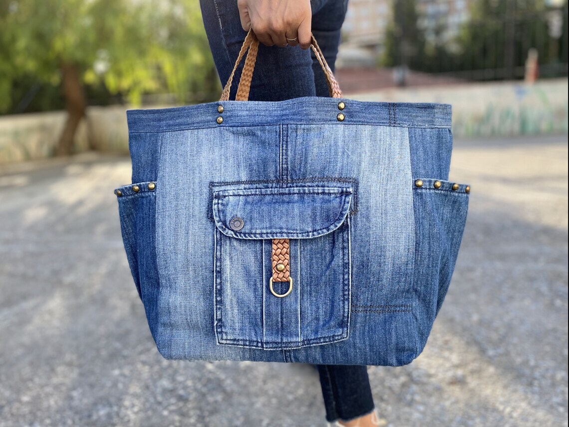 CRUSH SMALL TOTE BAG 26 IN BLUE WASHED DENIM SILVER HARDWARE