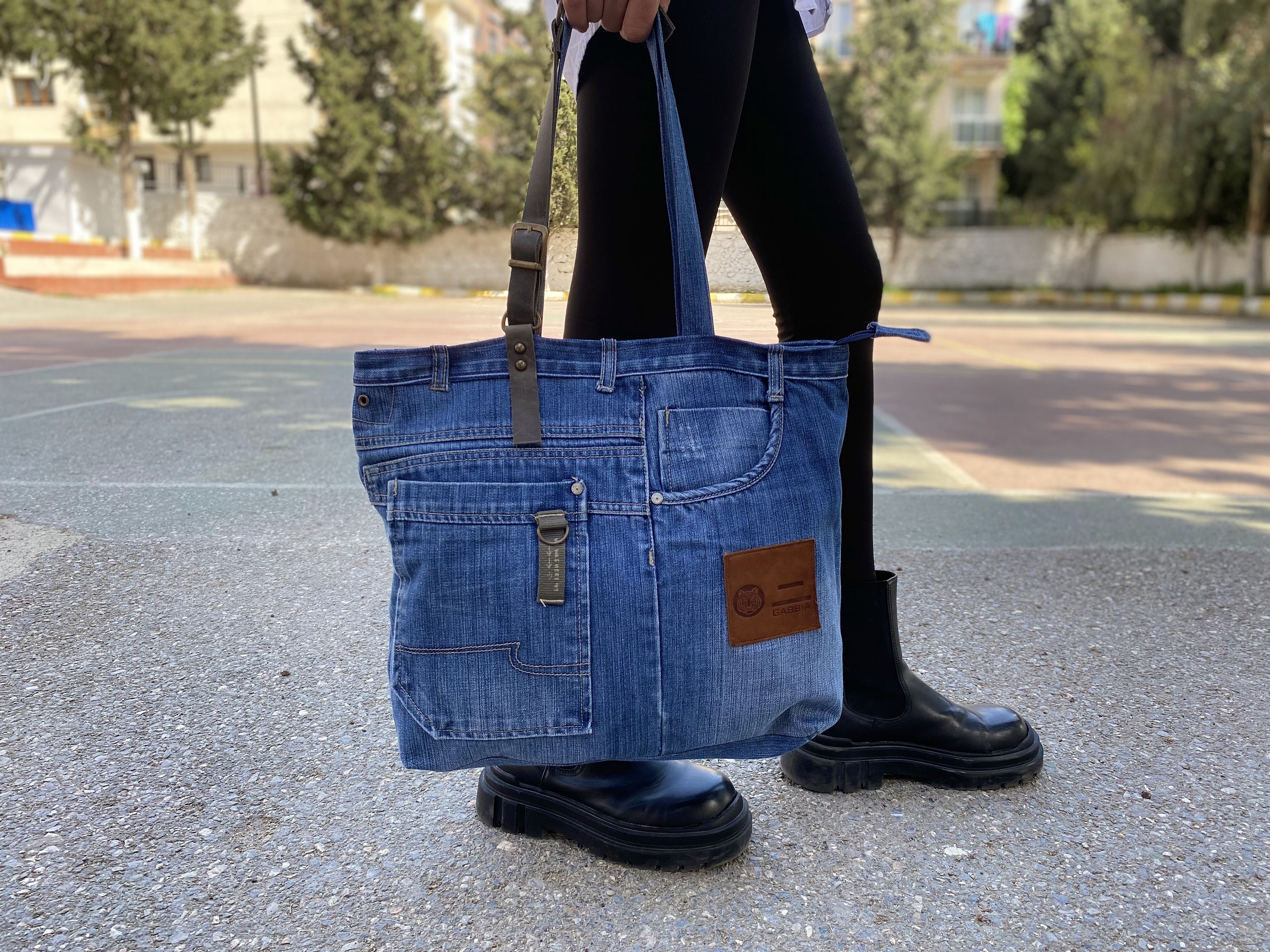 Reversible Patchwork Denim Tote Bag With a Pocket-denim Purse 