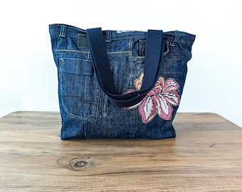 Upcycled Denim Tote with Vibrant Embroidery Flowers, Sustainable Stylish Eco-Friendly and No-Waste Accessory