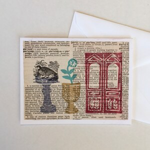 Puede incluir: Un collage de páginas de diccionario vintage con una ilustración roja y blanca de una puerta doble. El texto en las páginas incluye definiciones para las palabras "perdiz" y "partido".