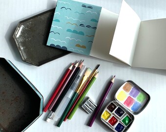 Vintage tin. Take a long. art supply kit.