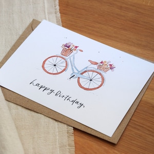 Geburtstagskarte Blumenfahrrad DIN A6 | handgemaltes Aquarellmotiv | Fahrrad mit Blumen | Postkarte zum Geburtstag aus Recyclingpapier