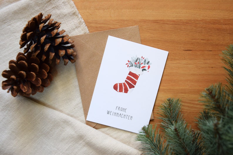 Carte de Noël « Joyeux Noël » | Minimaliste et moderne | Bottes aquarelles | Bas de Noël aquarelle | Carte postale de Noël image 7