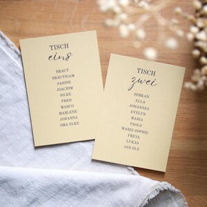 Tischnummern mit Namen | Personalisierte Sitzplankarten zum Aufhängen | Sitzplan für die Hochzeit | DIN A6, hellbraun