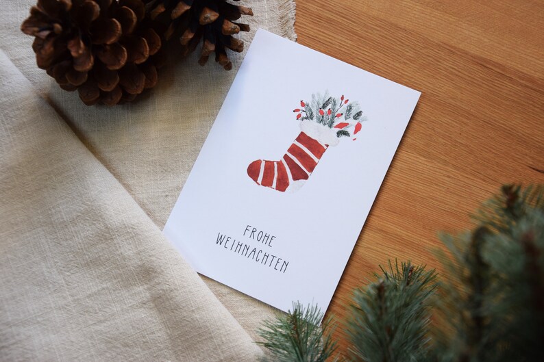 Carte de Noël « Joyeux Noël » | Minimaliste et moderne | Bottes aquarelles | Bas de Noël aquarelle | Carte postale de Noël image 5