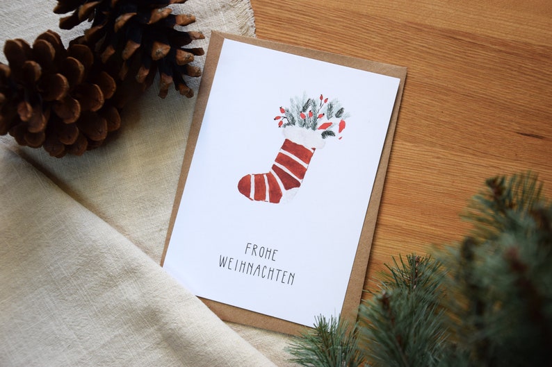 Carte de Noël « Joyeux Noël » | Minimaliste et moderne | Bottes aquarelles | Bas de Noël aquarelle | Carte postale de Noël image 6