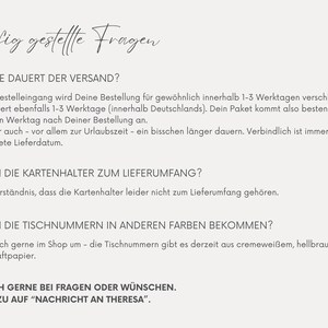 May include: Frequently asked questions about shipping, card holders, and table numbers.  The text reads: "How long does shipping take?"  "Do the card holders come with the order?"  "Can I get the table numbers in other colours?"
