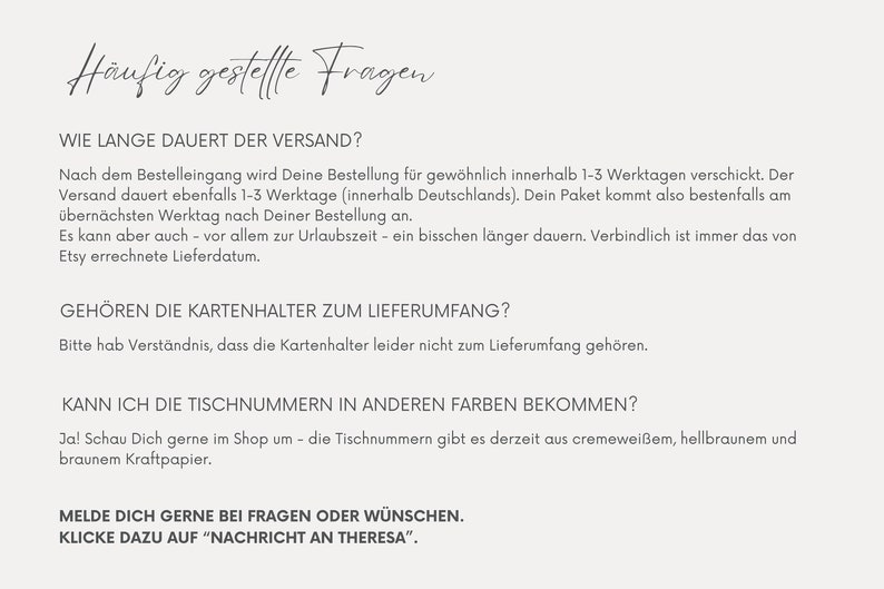 May include: Frequently asked questions about shipping, card holders, and table numbers.  The text reads: "How long does shipping take?"  "Do the card holders come with the order?"  "Can I get the table numbers in other colours?"