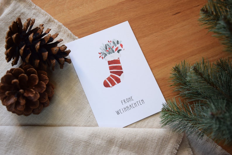 Carte de Noël « Joyeux Noël » | Minimaliste et moderne | Bottes aquarelles | Bas de Noël aquarelle | Carte postale de Noël image 4