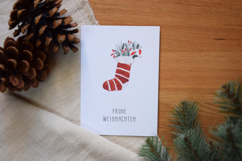 Carte de Noël « Joyeux Noël » | Minimaliste et moderne | Bottes aquarelles | Bas de Noël aquarelle | Carte postale de Noël image 2