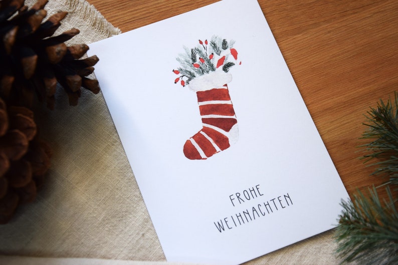 Carte de Noël « Joyeux Noël » | Minimaliste et moderne | Bottes aquarelles | Bas de Noël aquarelle | Carte postale de Noël image 3