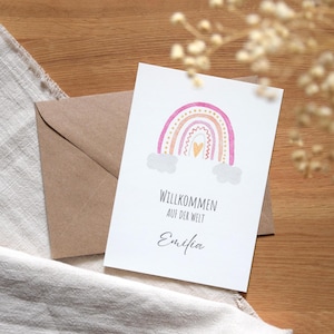 Biglietto di nascita personalizzato | Biglietto di auguri di nascita DIN A6 con arcobaleno nei colori rosa, giallo e arancione | cartolina con busta