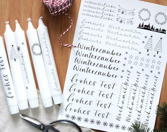 Tatouages de bougies de Noël | Modèles PDF à imprimer avec instructions | Décorez des bougies avec du film à eau | Avent et Noël