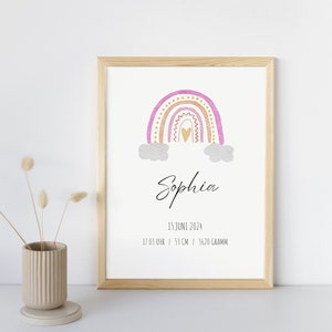 Personalisiertes Geburtsposter | Personalisiertes Geschenk zur Geburt | Geburtsposter mit rosa-gelbem Regenbogen fürs Kinderzimmer