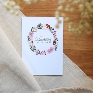 Postkarte "Zum Geburtstag" | Geburtstagskarte Aquarellmotiv | Blumenkranz | Geburtstagskarte Blumen schlicht | Karte Geburtstag
