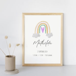 Personalisiertes Geburtsposter als Geschenk zur Geburt | Geschenkidee fürs Baby | Geburtsposter mit lila Regenbogen fürs Kinderzimmer