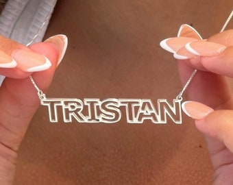 Custom Name Necklace Sterling Silver, Personalized Bold Open Nameplate