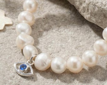 Freshwater Pearl Choker Necklace, Sterling Silver Evil Eye Pendant