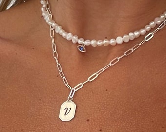 Sterling Silver Initial Necklace, Custom Letter Pendant with Paperclip Chain
