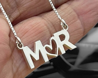 Sterling Silver Two Initial Necklace with Heart