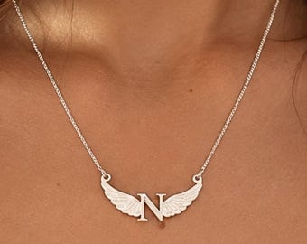 Initial Necklace with Angel Wings, Sterling Silver