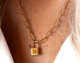 Initial Padlock Necklace on Paperclip Chain