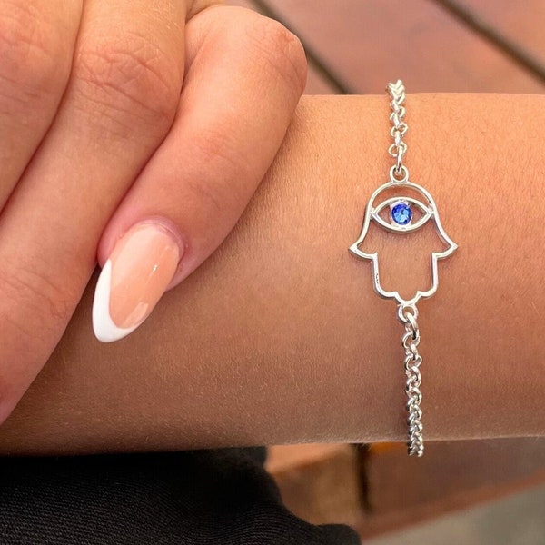 Evil Eye Hamsa Armband - Blauer Saphir Geburtsstein - 925 Sterling Silber Schutz Schmuck - Fatima Hand Anhänger - handgemachtes Geschenk für Sie